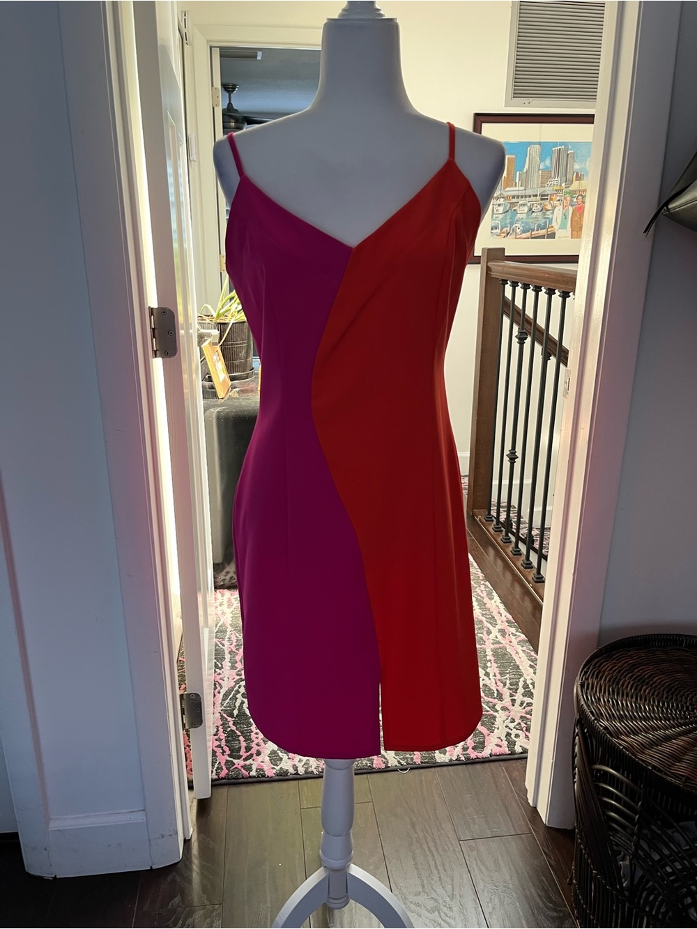 Colorblock Pink & Red Mini Slip Dress with Adjustable Straps